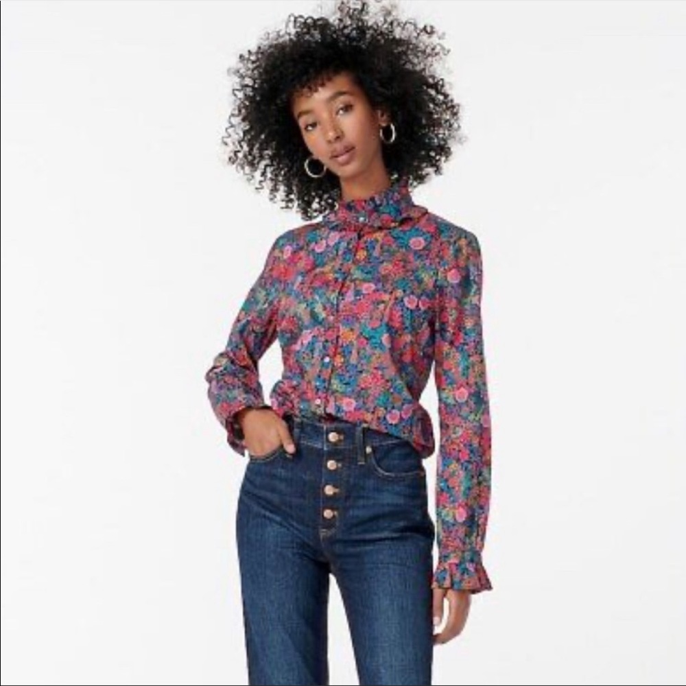 J Crew x Liberty Classic-Fit Boyshirt w/Ruffle Collar Ciara print